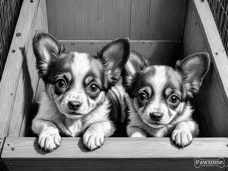 A grayscale illustration of Papillon puppies inside a wooden dog crate.