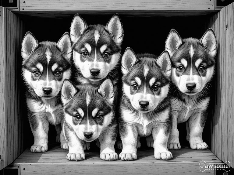 A grayscale illustration of Siberian Husky puppies inside a wooden dog crate.