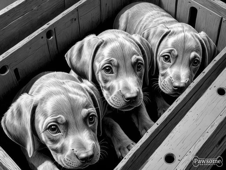 A grayscale illustration of Weimaraner puppies inside a wooden dog crate.