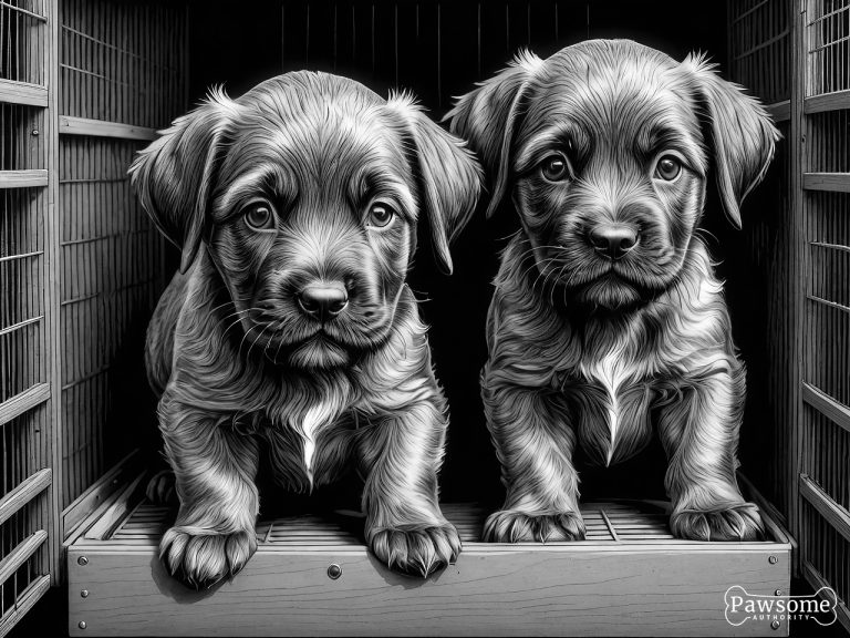 A grayscale illustration of Wirehaired Pointing Griffon puppies inside a wooden dog crate.